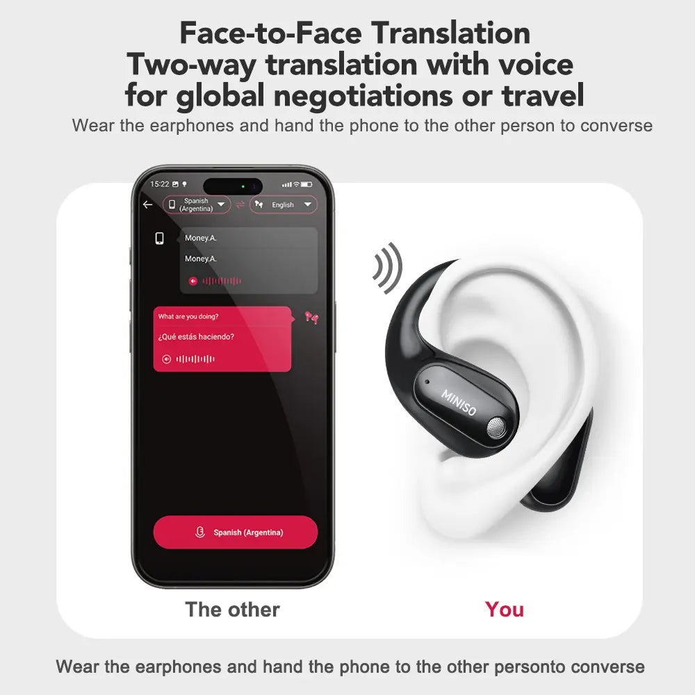 MINISO MS190 Translation Earbuds - Real-Time Translation in 134 Languages, Bluetooth 6.0 Wireless Earphones for Music and Calls, IPX5 Waterproof Sports Headphones with Extended Battery Life