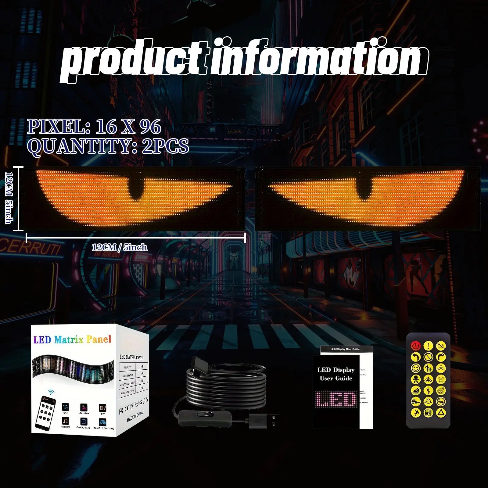 2-Pack LED Scrolling Eye Screens | App-Controlled Animated Display Light for Cars, Weddings, Birthdays
