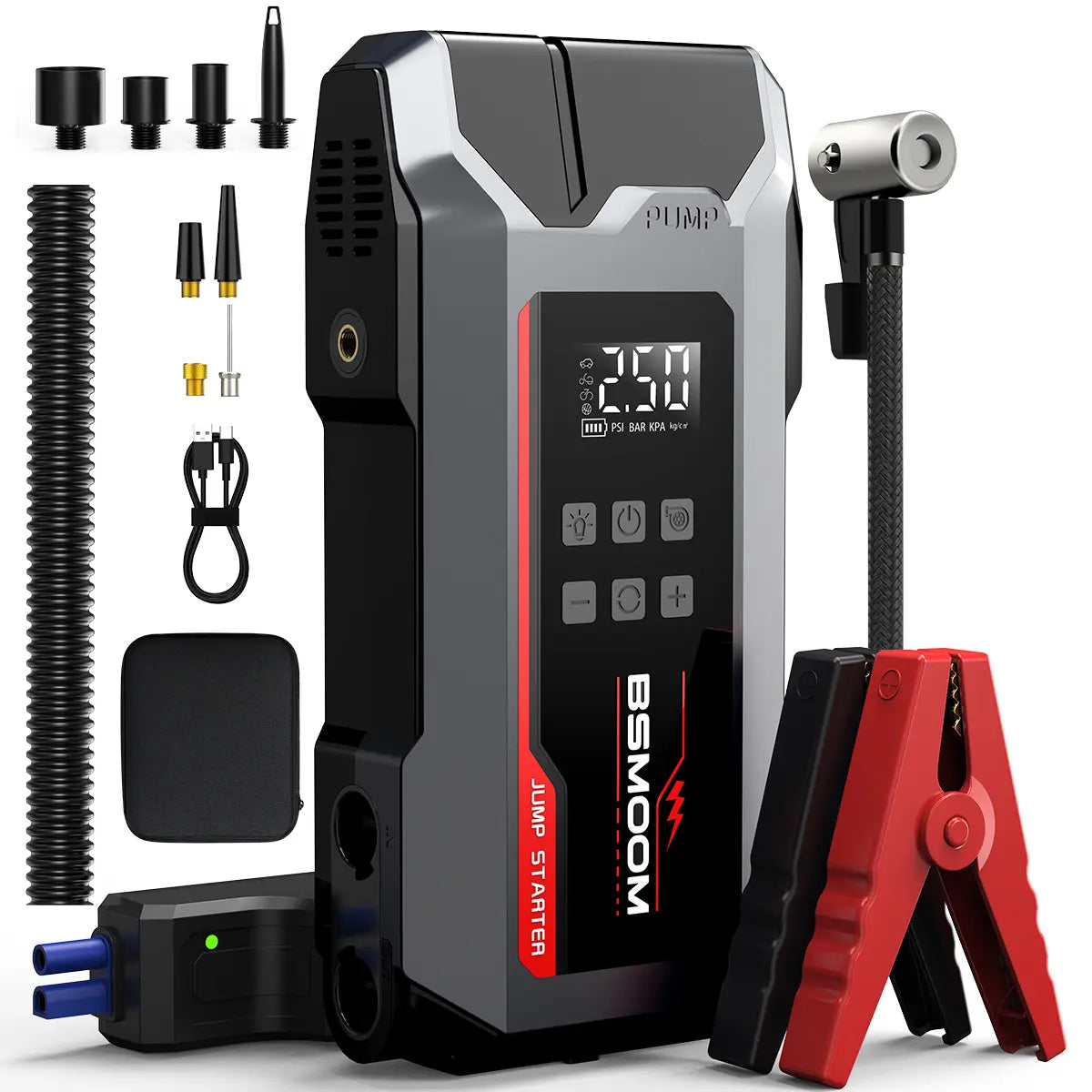 BSMOOM 8000A Portable Car Jump Starter with 150PSI Air Compressor & Blower All-In-One Fast Charging Laptop Power Bank for Petrol Diesel Engines 10L Repair Tool Kit