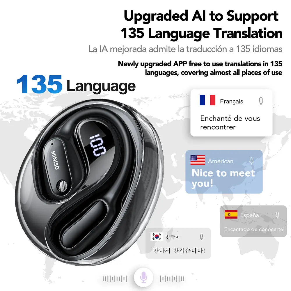 MINISO MS190 Translation Earbuds - Real-Time Translation in 134 Languages, Bluetooth 6.0 Wireless Earphones for Music and Calls, IPX5 Waterproof Sports Headphones with Extended Battery Life