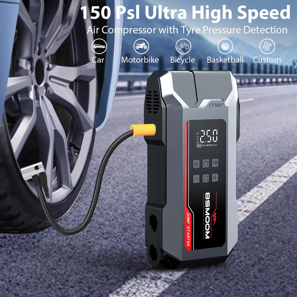 BSMOOM 8000A Portable Car Jump Starter with 150PSI Air Compressor & Blower All-In-One Fast Charging Laptop Power Bank for Petrol Diesel Engines 10L Repair Tool Kit