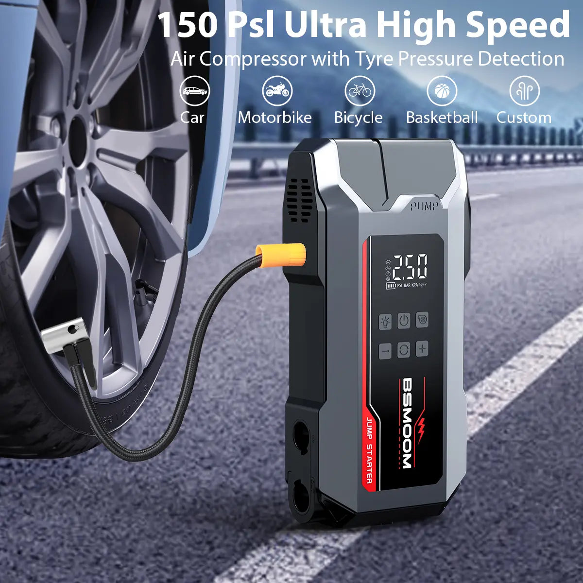 BSMOOM 8000A Portable Car Jump Starter with 150PSI Air Compressor & Blower All-In-One Fast Charging Laptop Power Bank for Petrol Diesel Engines 10L Repair Tool Kit