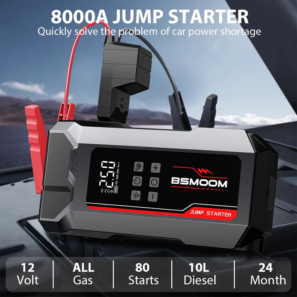 BSMOOM 8000A Portable Car Jump Starter with 150PSI Air Compressor & Blower All-In-One Fast Charging Laptop Power Bank for Petrol Diesel Engines 10L Repair Tool Kit