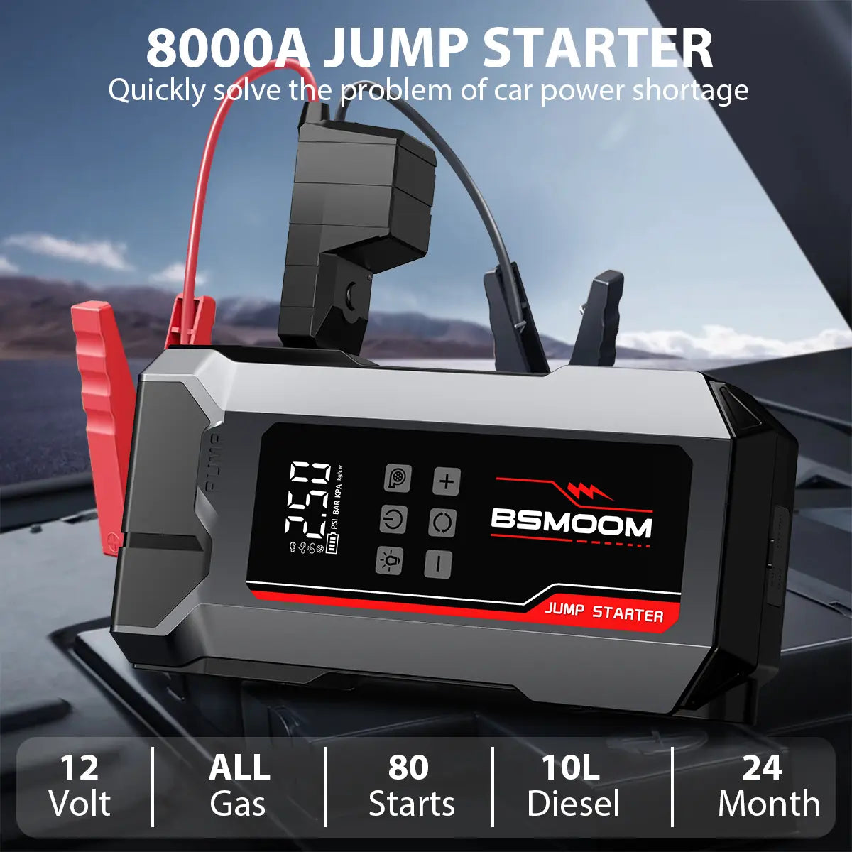 BSMOOM 8000A Portable Car Jump Starter with 150PSI Air Compressor & Blower All-In-One Fast Charging Laptop Power Bank for Petrol Diesel Engines 10L Repair Tool Kit