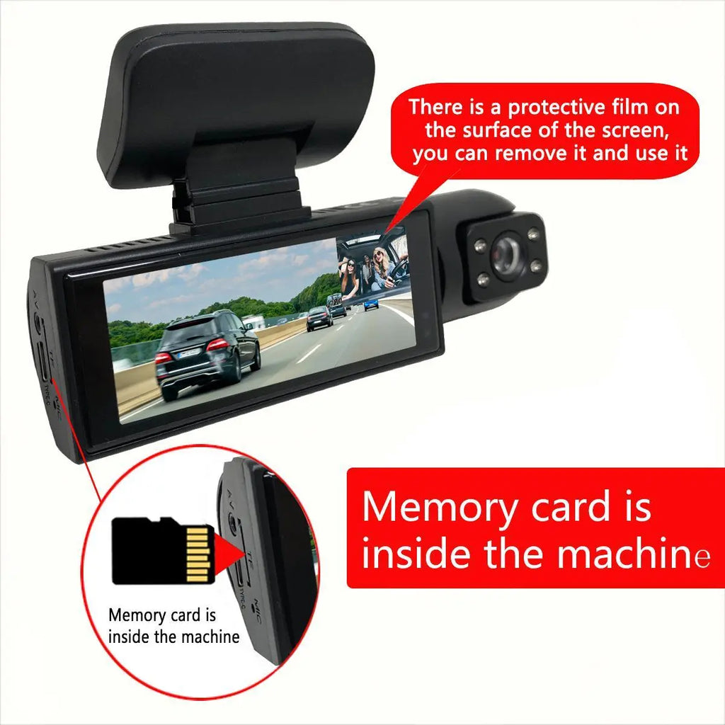 Front & inside Dashcams for Cars, Front Rear Dashcam, Cardashcam with 32GB Card, Wide Angle Driving Recorder with IR Night Vision, 3.16 Inch IPS Screen HD Camera with Dual Lens, (Non-Rechargeable; Plug-In Use)