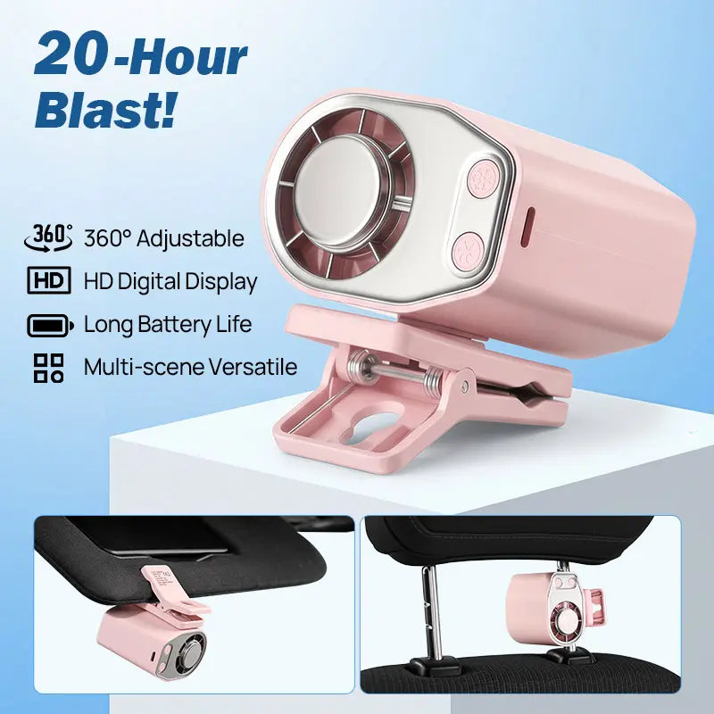 Joytutus Summervibes-2026 Portable Clip-On Car Fan with 360° Rotation, 100 Adjustable Speeds, LED Display, USB Rechargeable, 16℃ Semi-Cooling, 20-Hour Battery Life, 3000mAh Capacity