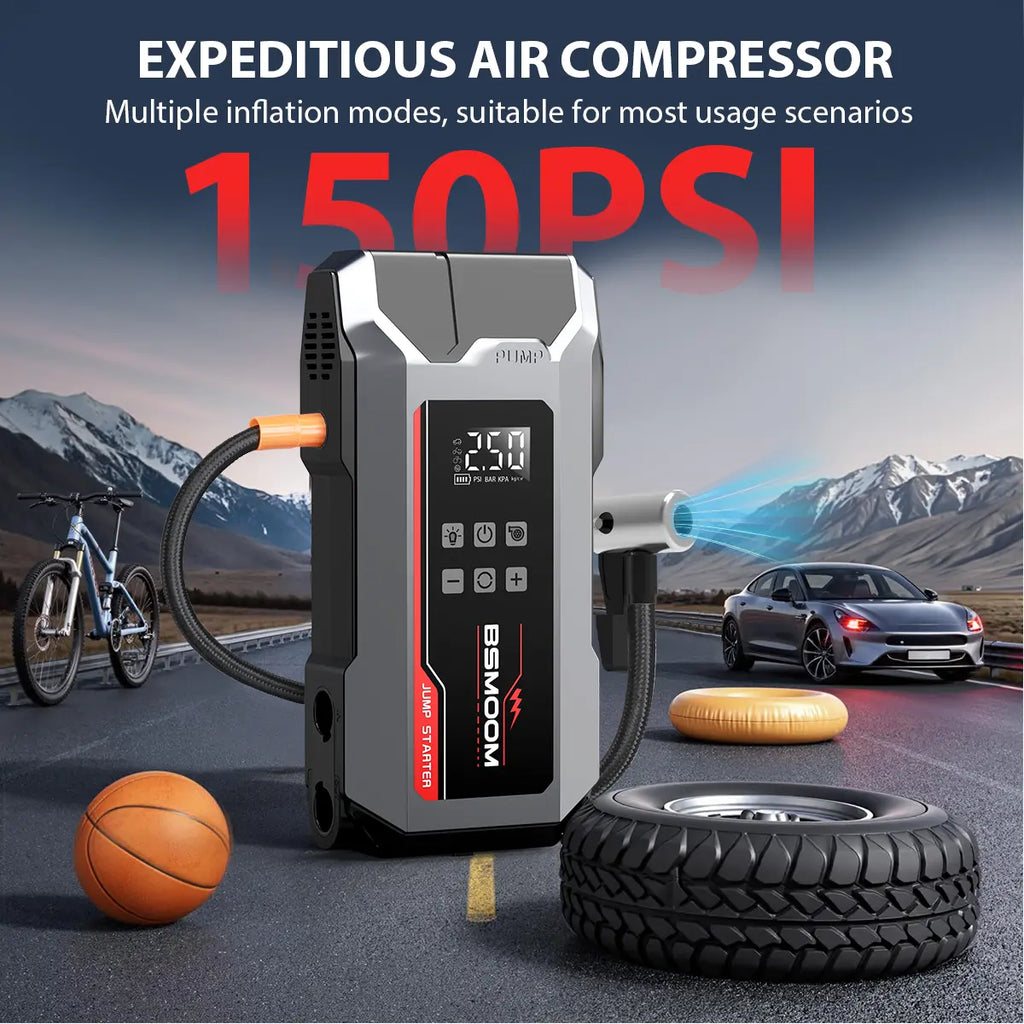 BSMOOM 8000A Portable Car Jump Starter with 150PSI Air Compressor & Blower All-In-One Fast Charging Laptop Power Bank for Petrol Diesel Engines 10L Repair Tool Kit