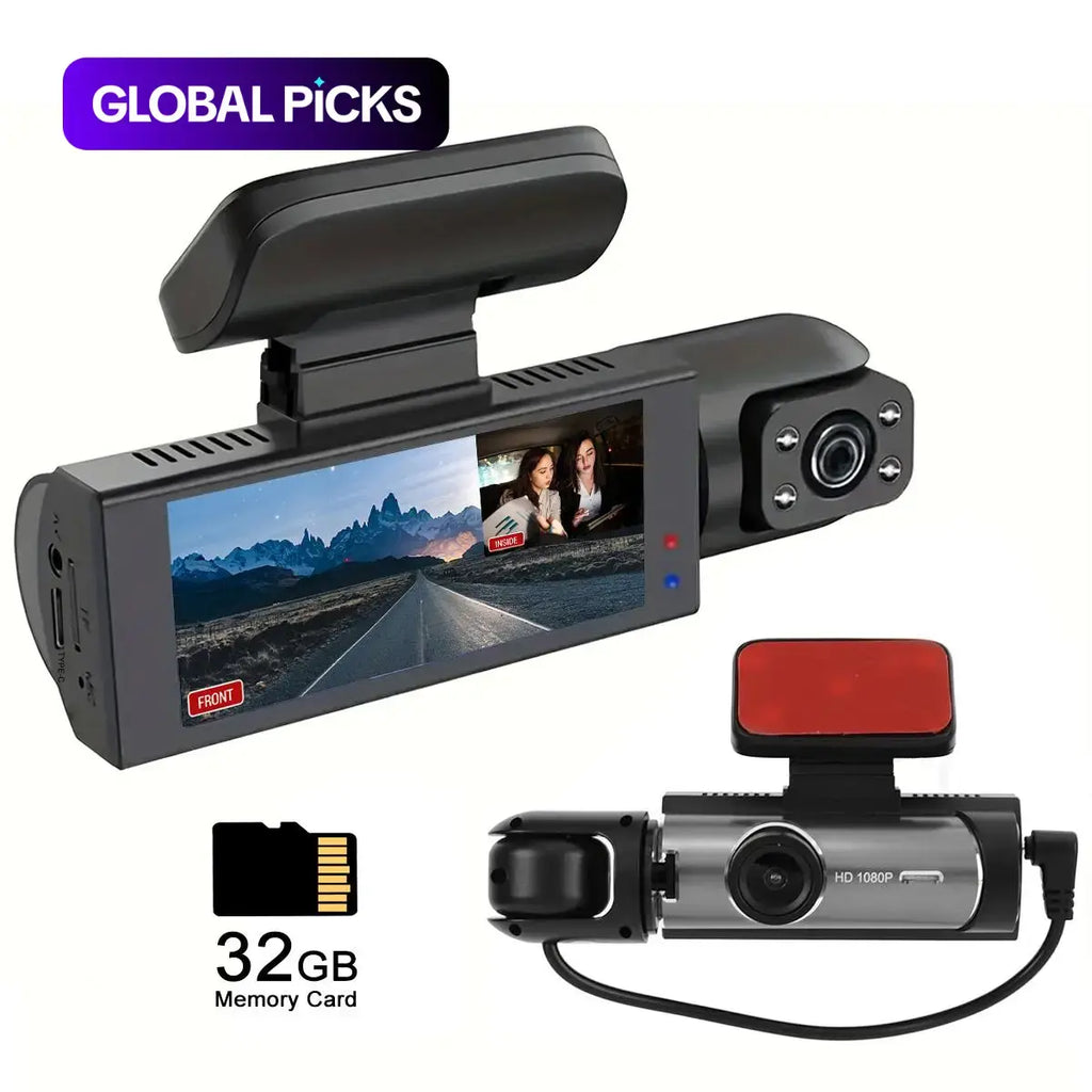 Front & inside Dashcams for Cars, Front Rear Dashcam, Cardashcam with 32GB Card, Wide Angle Driving Recorder with IR Night Vision, 3.16 Inch IPS Screen HD Camera with Dual Lens, (Non-Rechargeable; Plug-In Use)