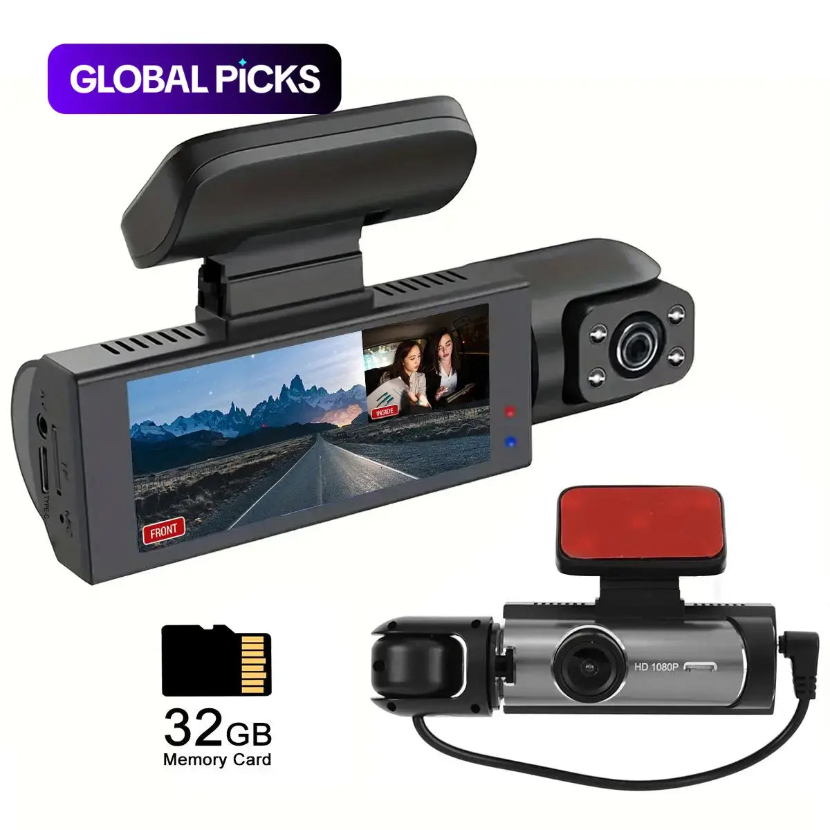 Front & inside Dashcams for Cars, Front Rear Dashcam, Cardashcam with 32GB Card, Wide Angle Driving Recorder with IR Night Vision, 3.16 Inch IPS Screen HD Camera with Dual Lens, (Non-Rechargeable; Plug-In Use)