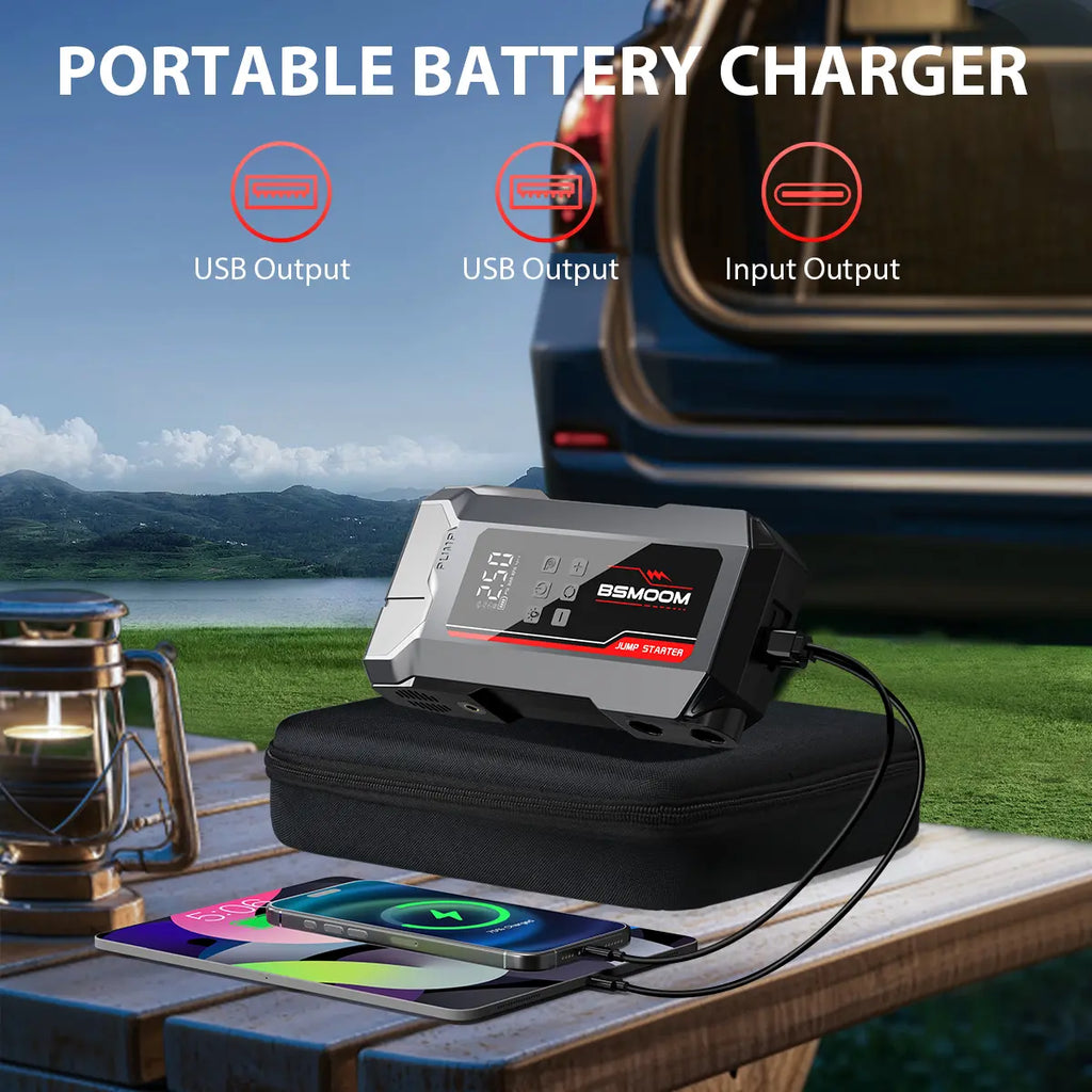 BSMOOM 8000A Portable Car Jump Starter with 150PSI Air Compressor & Blower All-In-One Fast Charging Laptop Power Bank for Petrol Diesel Engines 10L Repair Tool Kit