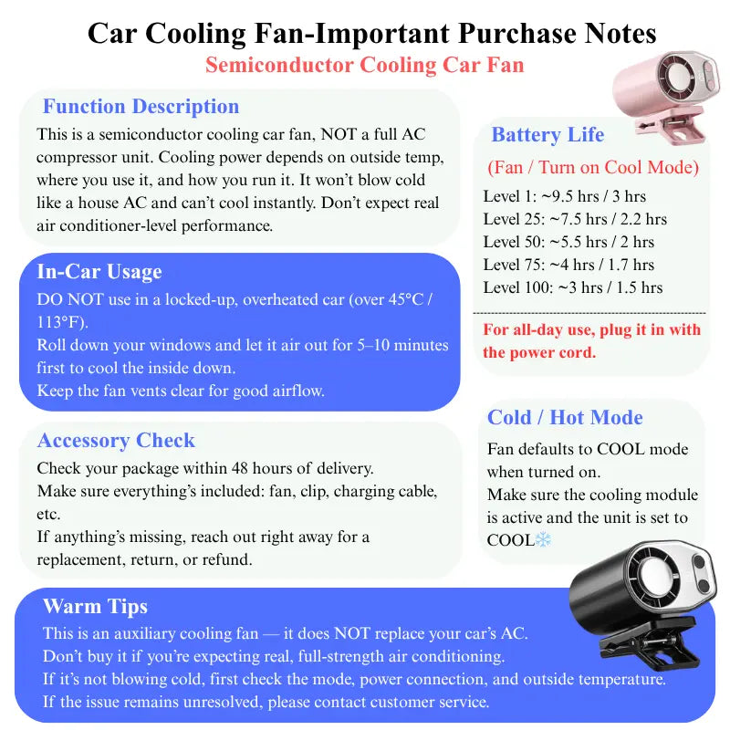 Joytutus Summervibes-2026 Portable Clip-On Car Fan with 360° Rotation, 100 Adjustable Speeds, LED Display, USB Rechargeable, 16℃ Semi-Cooling, 20-Hour Battery Life, 3000mAh Capacity