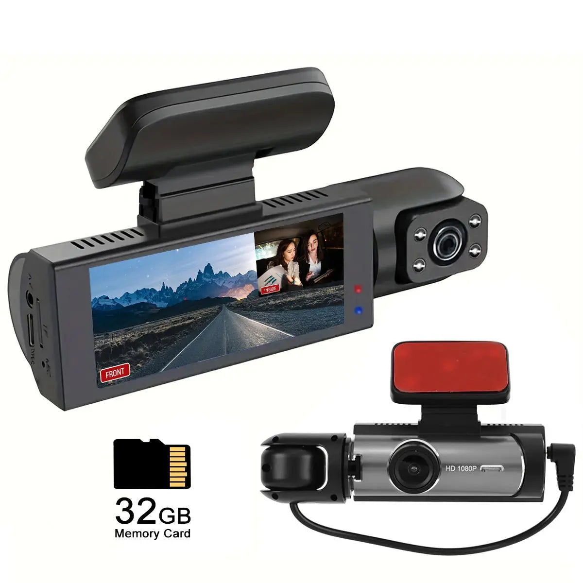 Front & inside Dashcams for Cars, Front Rear Dashcam, Cardashcam with 32GB Card, Wide Angle Driving Recorder with IR Night Vision, 3.16 Inch IPS Screen HD Camera with Dual Lens, (Non-Rechargeable; Plug-In Use)